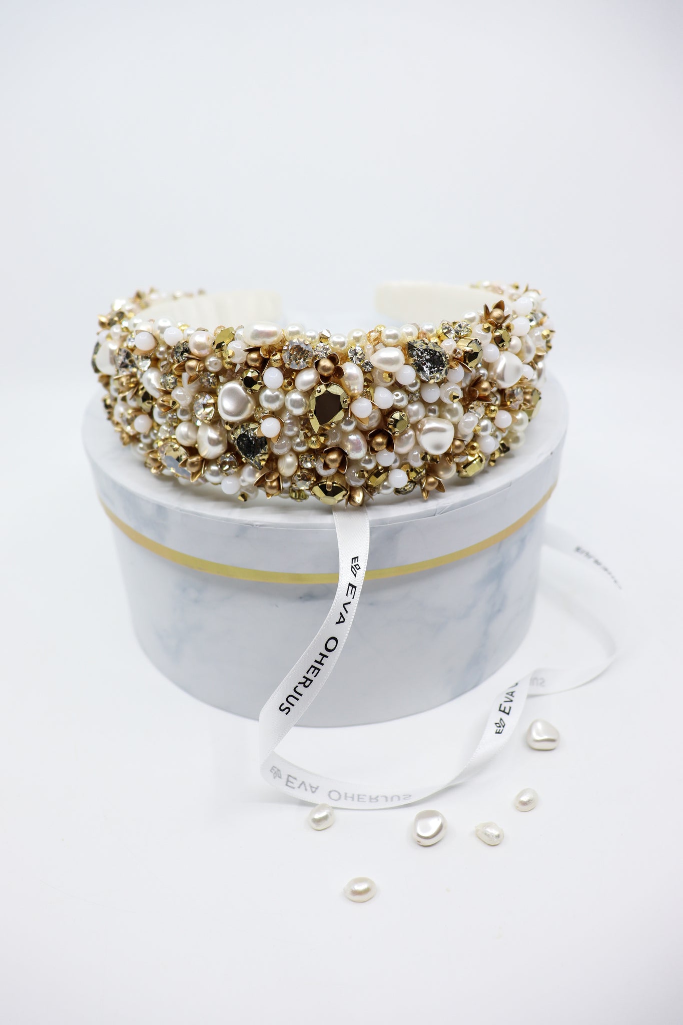 Elegant Grace Couture Head Crown - Ivory silk, Swarovski crystals, freshwater pearls, and dazzling beads. Exquisite bridal accessory for a radiant and sophisticated look.