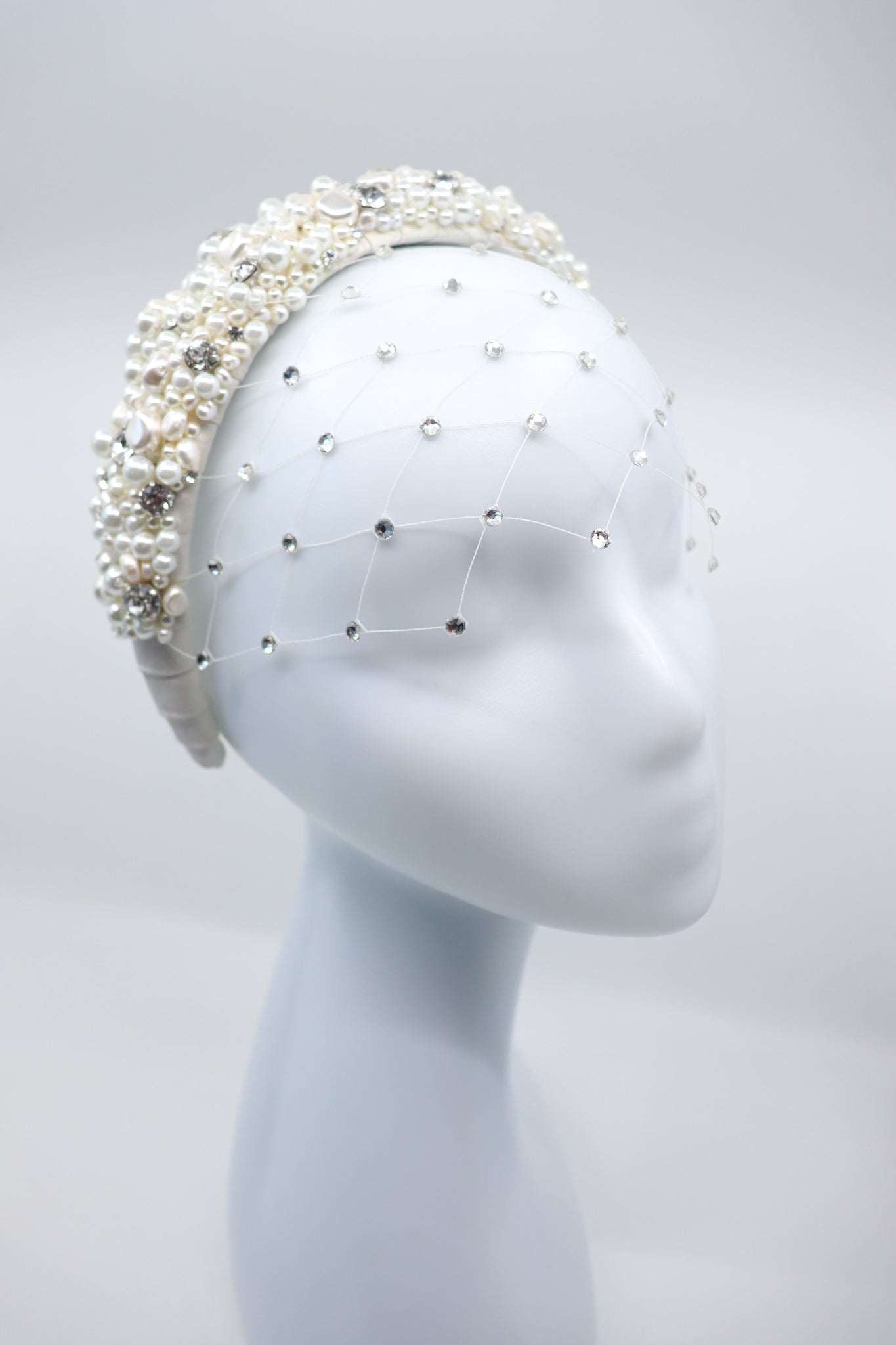 Elegant Luna Wedding Headpiece: Handcrafted with Freshwater Pearls, Swarovski Crystals & Italian Silk. Exquisite Bridal Accessory for Your Special Day.